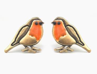 Robin bird stud earrings. Small robin birds with orange enamel